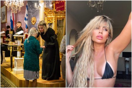 Montagem colorida com fotos de Ana Akiva na Igreja e de biquíni