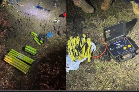 Em foto colorida explosivos da cor amarela em chão de terra - Metrópoles