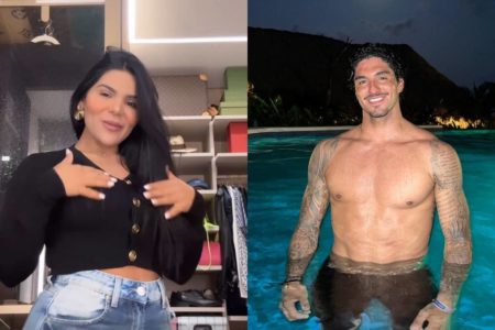 montagem com foto de mulher de cabelos longos escuros e lisos vestindo blusa preta e gabriel medina sem camisa em piscina - metrópoles