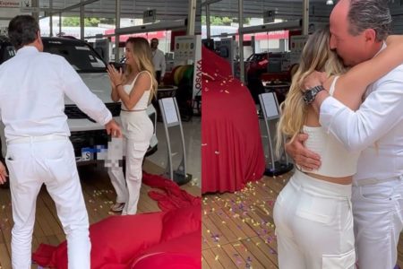 montagem com fotos de gabi martins e o pai se abraçando e olhando carro - metrópoles