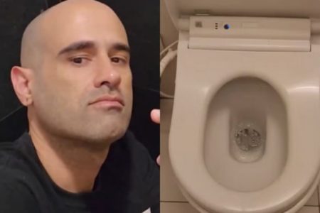 Colagem com fotos de homem branco careca e vaso sanitário branco - Metrópoles