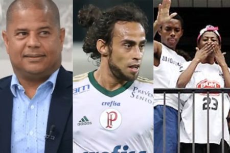 Imagem colorida mostra os ex-jogadores Marcelinho Carioca, Valdivia e Robinho, acompanhado da mãe, todos vítimas de sequestro - Metrópoles