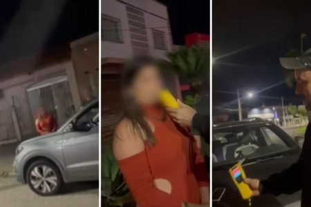 imagem colorida mulher tenta assoprar proprio bafometro anapolis