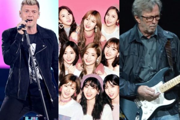 Imagem colorida mostra o cantor Nick Carter, a banda Twice e o guitarrista Eric Clapton; todos eles farão shows em São Paulo em 2024 - Metrópoles