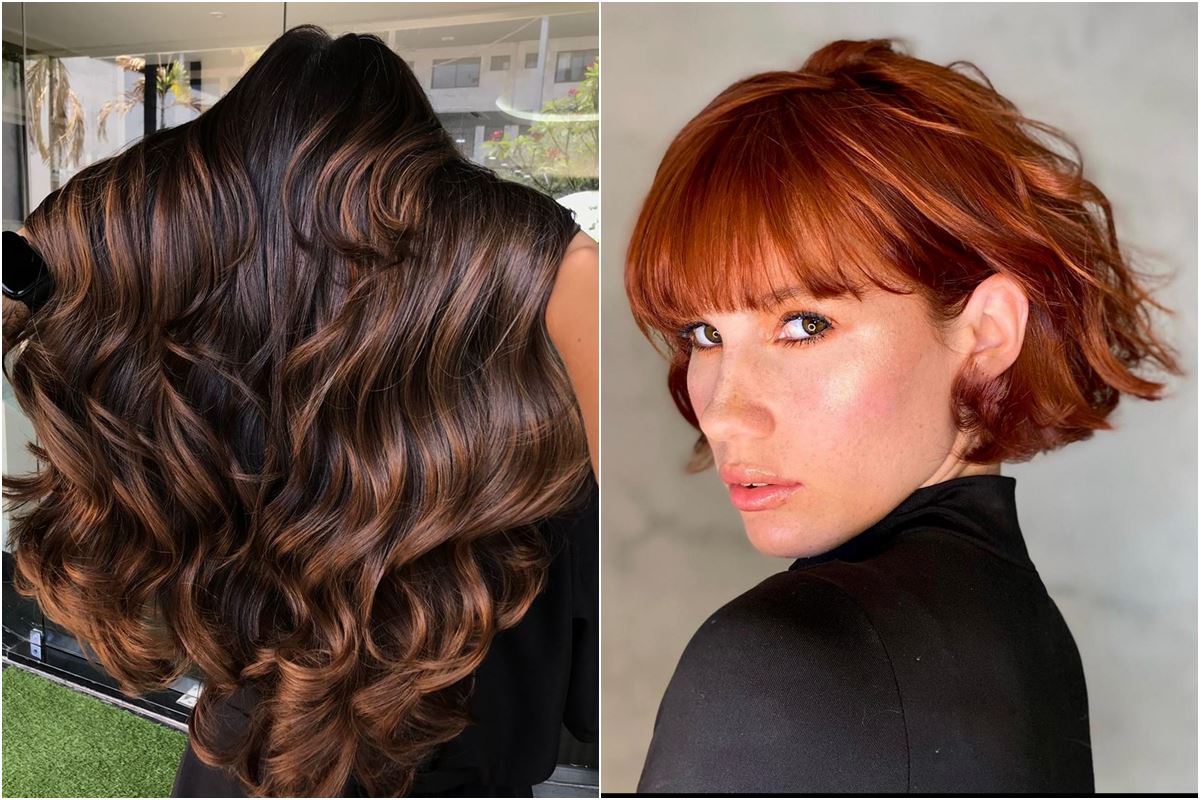 Na esquerda, uma mulher de costas mostrando o cabelo longo castanho com luzes. À direita, uma mulher ruiva com o cabelo curto olhando para a câmera - Metrópoles