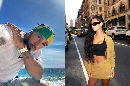 Montagem com fotos coloridas de Lewis Hamilton e Juliana Nalú - Metrópoles