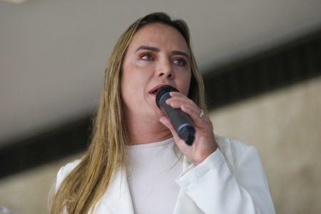 Celina Leão discursa em microfone