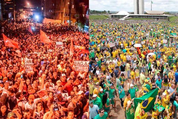 a imagem mostra duas manifestações, uma de esquerda e outra de direita, em momentos diferentes