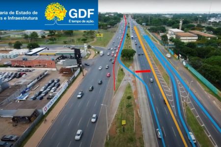 Imagem colorida da inversão dos sentidos do trânsito na EPTG - Metrópoles