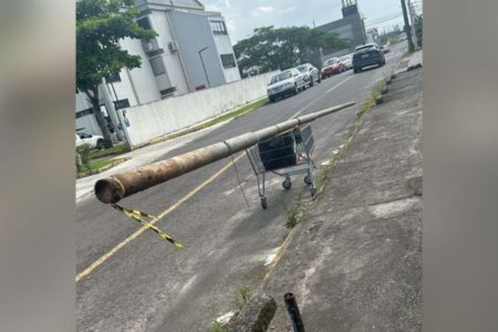 Imagem colorida de poste em carrinho carregado por dupla - Metrópoles