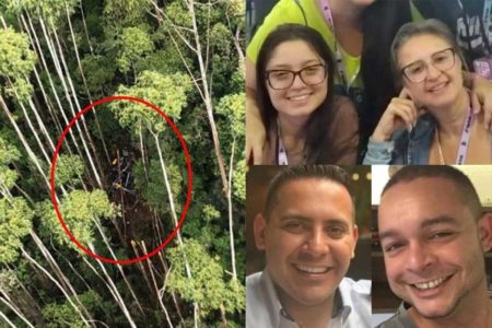 Fotomontagem colorida dos destroços do helicóptero do lado esquerdo e das quatro vítimas que morreram na queda da aeronave do lado direito - Metrópoles