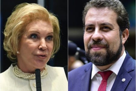 Montagem mostra fotos em close dos rostos de Marta Suplicy, mulher branca, loira de olhos azuis, vestindo tailer claro, e Guilherme Boulos, homem branco, de cabelo e barba castanhos, vestindo terno azul e gravata vermelha