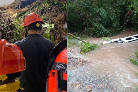 Imagem colorida mostra transtornos causados pela chuva em São Paulo. à esquerda, grupo de bombeiros observa local onde houve um deslizamento; à direita, um carro que afundou durante uma enchente, vitimando uma criança - Metrópoles