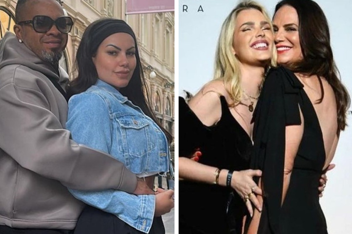 Montagem feita a partir de fotos das redes sociais de Rodriguinho, a esposa, Yasmin e Luiza Brunet - Metrópoles
