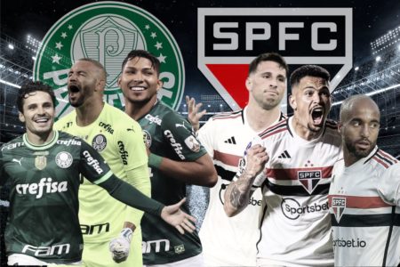 Fotografia colorida de uma montagem de jogadores do Palmeiras e do São Paulo