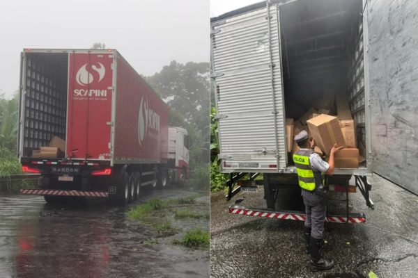 Imagem colorida mostra caminhão que foi alvo de tentativa de roubo no litoral de São Paulo; policial recolhe carga de cigarros recuperada - Metrópoles