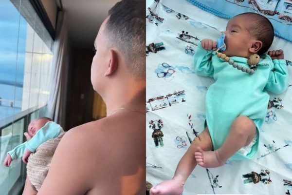 montagem com foto de bebe e joao gomes de costas com bebe - metrópoles