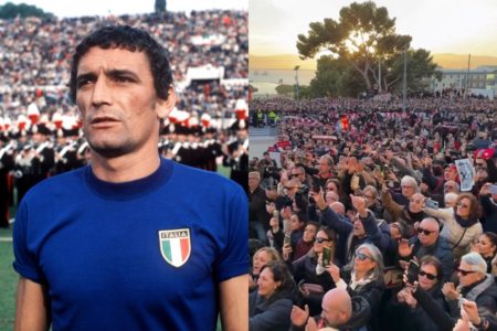 Foto colorida de Gigi Riva, maior artilheiro da Itália, e de seu funeral - Metrópoles