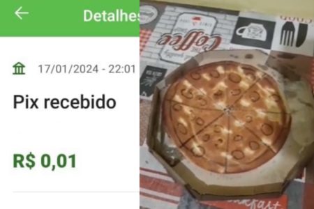 Montagem mostra pix falso e pizza de papelão