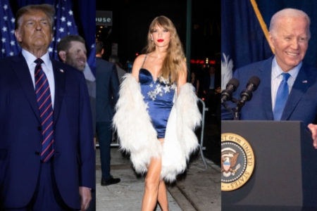 Imagem colorida com montagem de foto de Trump, Taylor e Biden - Metrópoles