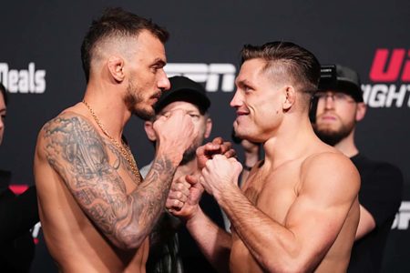 Imagem colorida e Renasto Moicano encarando Dober no UFC - MEtrópoles