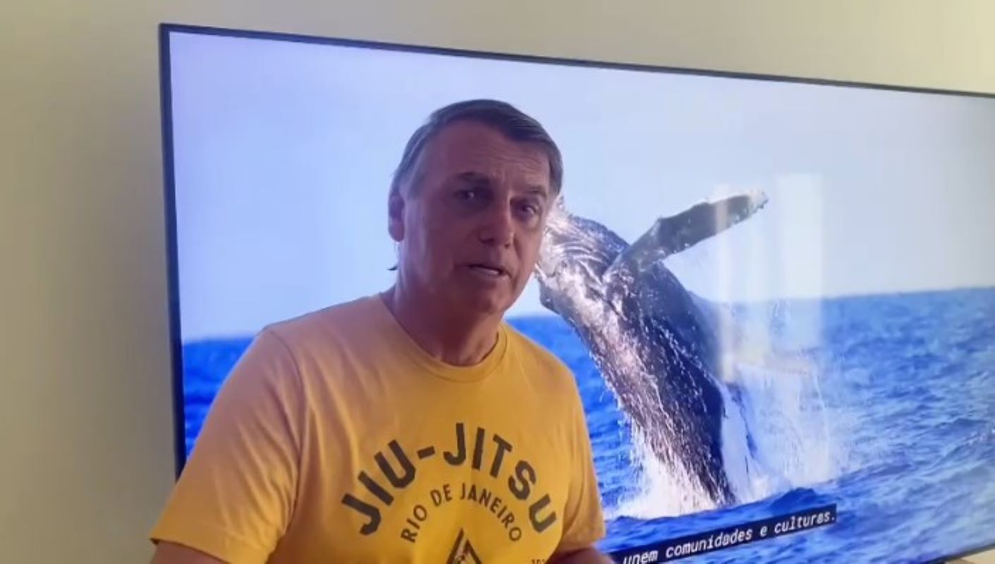 Imagem colorida mostra print de vídeo do ex-presidente Jair Bolsonaro com baleia ao fundo - Metrópoles