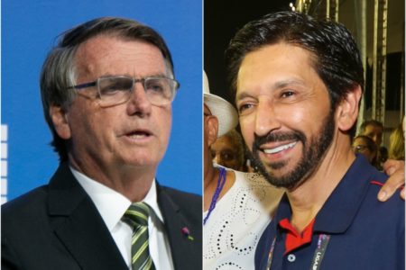 Imagem colorida traz montagem com fotos dos rostos de jair bolsonaro, homem branco, grisalho, de óculos, e ricardo nunes, homem branco, de cabelo e barba pretos