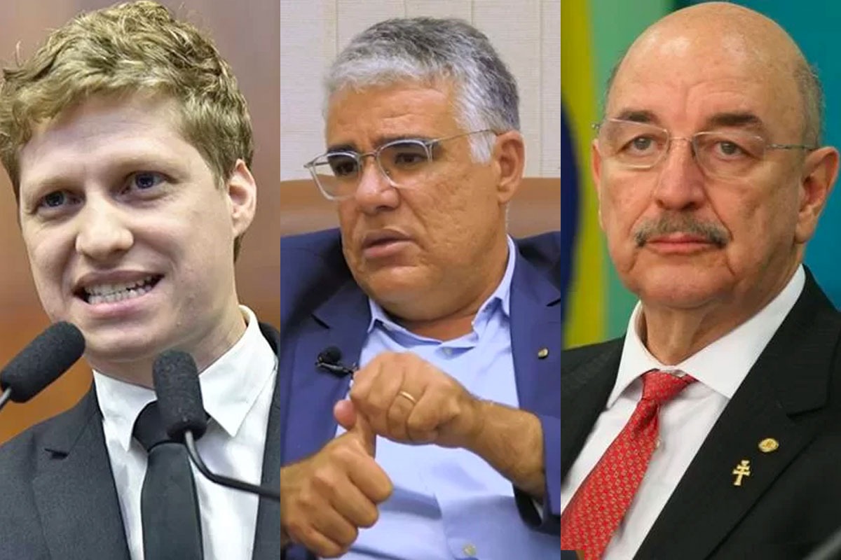 Em montagem de fotos coloridas, o deputado federal Marcel Van Hattem, o senador Eduardo Girão e o deputado federal Osmar Terra