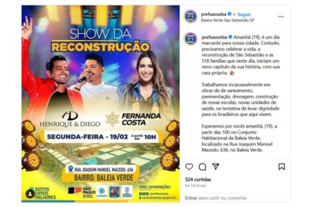Imagem de publicação de Instagram da Prefeitura de São Sebastião com flyer de shows - Metrópoles