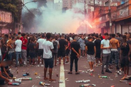 Imagem colorida mostra aglomeração de pessoas em rua durante baile funk - Metrópoles