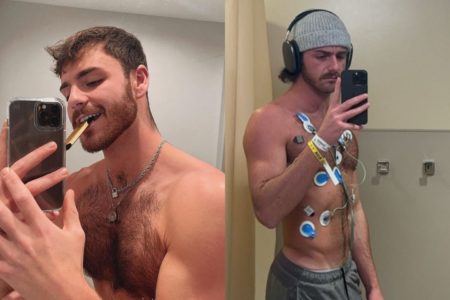 Montagem de fotos mostra Joe Lawrence, americano que teve problema pulmonar por uso de vape, em uma das imagens com um cigarro eletrônico e na outra com dutos e sensores por tratamento de seu pulmão colapsado