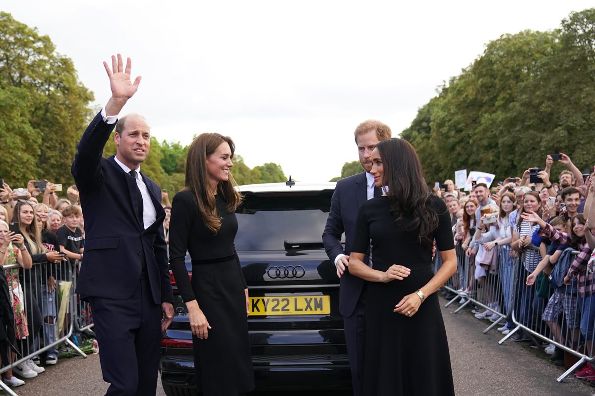 The Prince and Princess of Wales Accompanied By The Duke And Duchess Of Sussex Greet Wellwishers Outside Windsor Castle