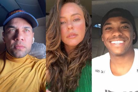 Montagem com fotos coloridas de Paolla Oliveira, Daniel Alves e Robinho