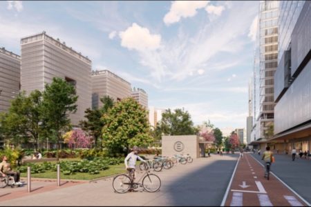 imagem colorida mostra desenho de projeto para o centro de sp. desenho mostra prédios espelhados ao lado esquerdo. no meio da cena estão árvores e um ciclista, no canto direito está uma ciclovia - metrópoles
