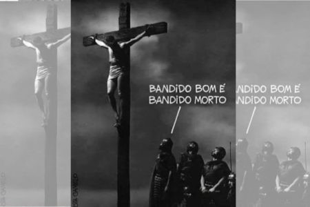 Imagem em preto e branco mostra jesus cristo crucificado sendo observado por militares com a frase "bandido bom é bandido morto" em post feito pelo MTST - Metrópoles