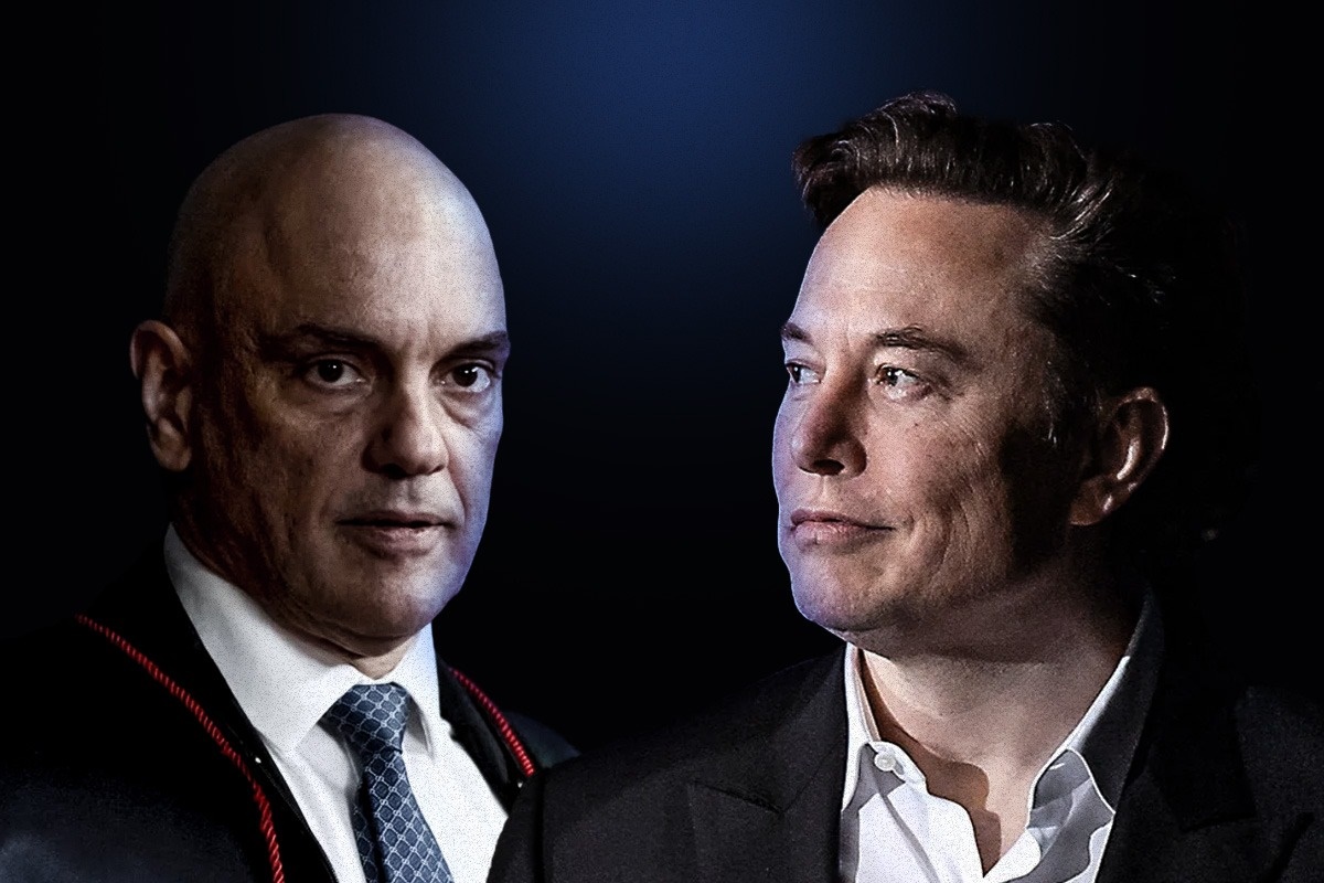 Arte sobre fotos coloridas de Alexandre de Moraes e Elon Musk -- Metrópoles