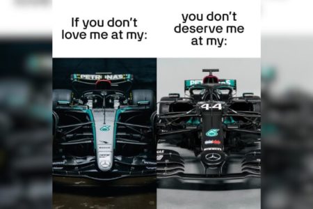 Imagem colorida de meme da Mercedes com carros do Lewis Hamilton - Metrópoles