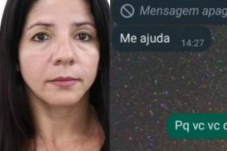 Montagem colorida na qual na metade esquerda tosto de mulher branca, de cabelos pretos longos e, direita, a reprodução de uma conversa de WhatsApp com a mensagem "me ajuda" em destaque - Metrópoles