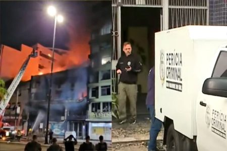 Homem ao lado de carro da perícia civil e imagem de incêndio