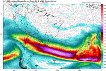 Mapa do fluxo de vento em 11 km de altitude, (correntes de jatos em vermelho e roxo), sobre a o Rio Grande do Sul e Argentina, que representa o sistema de bloqueio atmosférico, causando as chuvas a mega chuva no RS