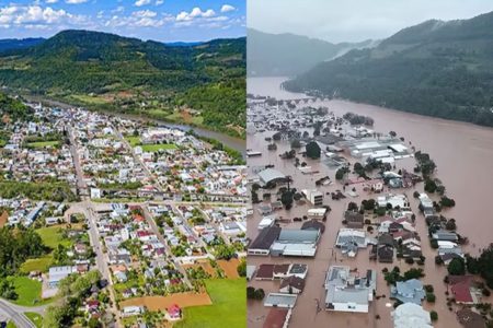 Imagem colorida da cidade de Muçum (RS) antes e depois das enchentes - Metrópoles