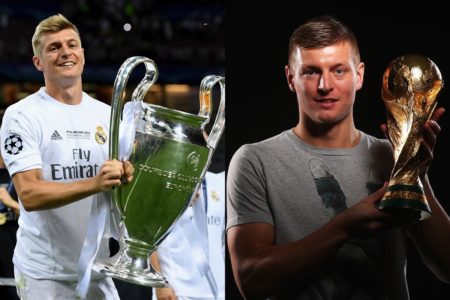 Toni Kroos com troféus de Copa do Mundo e Champions League - Metrópoles