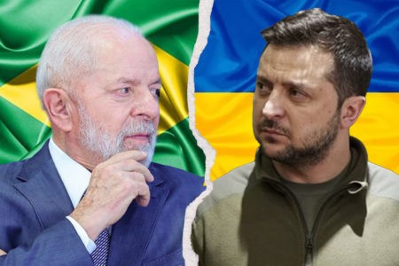 Colagem colorida mostra Lula e Zelensky separados por uma linha - Metrópoles
