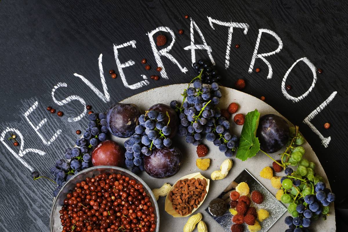 Foto colorida de mesa com a palavra resveratrol escrita e uma variedade de frutas em bowls - Metrópoles