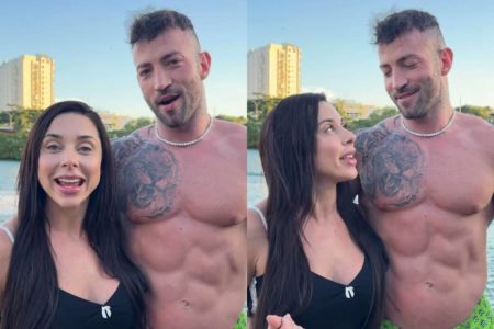 montagem com duas fotos de mulher de cabelos longos e homem forte sem camisa - metrópoles