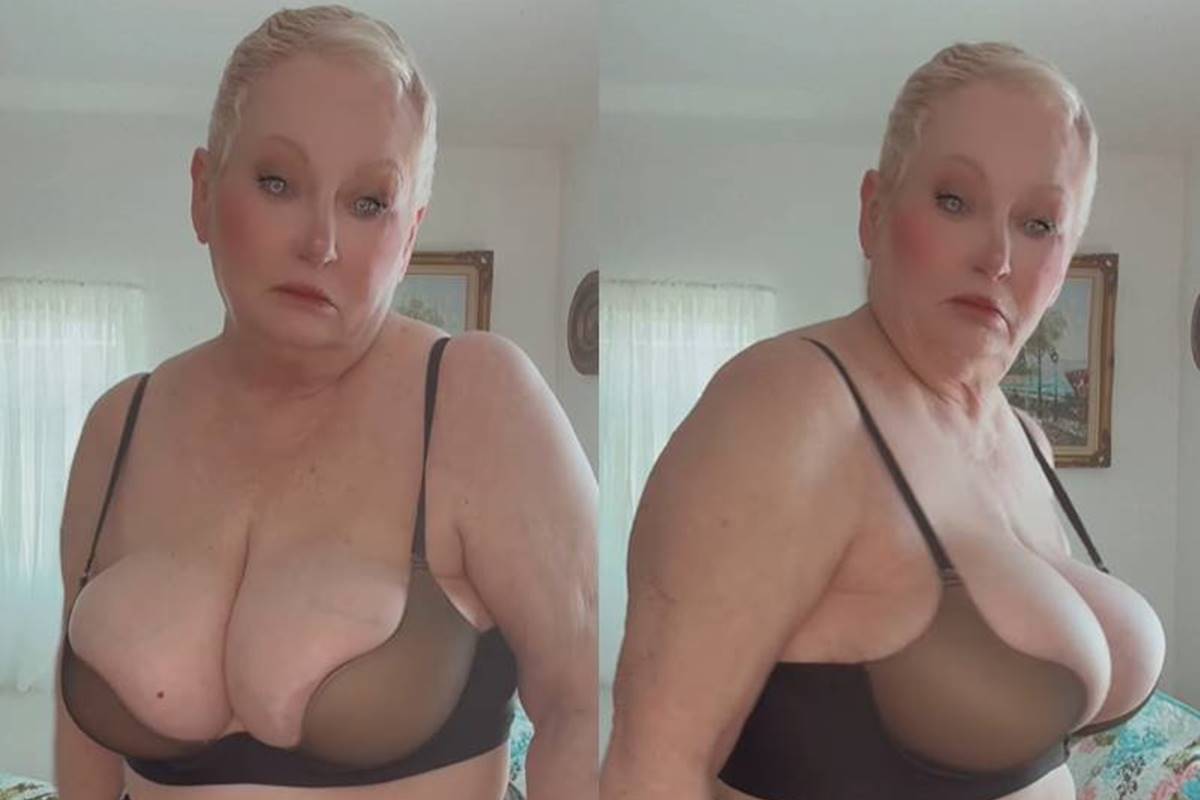 Montagem colorida com dois frames de um vídeo em que uma mulher 70* de sutiã posa para a câmera - Metrópoles
