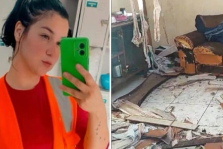 À esquerda, Eliziane Martins de Oliveira. À direita a casa após a explosão