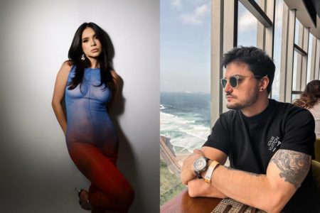 Montagem com fotos coloridas de Gizelly Bicalho e Felipe Neto - Metrópoles