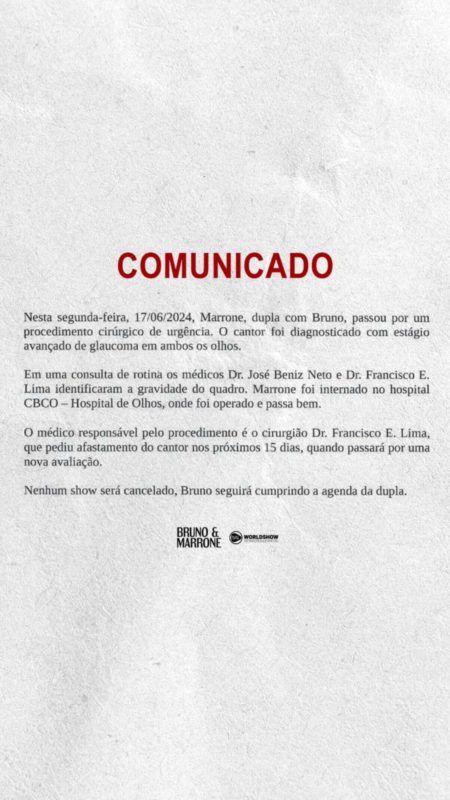 Comunicado sobre o estado de saúde de Marrone, dupla com Bruno
