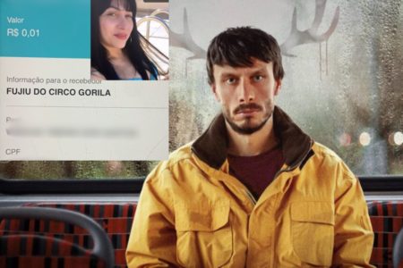 Montagem feita com foto de homem de cabelos curtos, cavanhaque, branco, e jaqueta amarela. Ao lado dele, depósito de pix, com a frase "fugiu do circo gorila", com erros de português e o retrato de mulher branca, de cabelos longos e pretos - Metrópoles